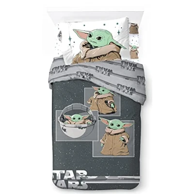Imagen de Star Wars Mandalorian Baby Yoda Grogu Juego de Ropa Cama infantil 3 Piezas 100% Algodón Individual Incluye Funda Edredon 135x200cm + Sabana Bajera 90x200cm Almohada 50x70cm