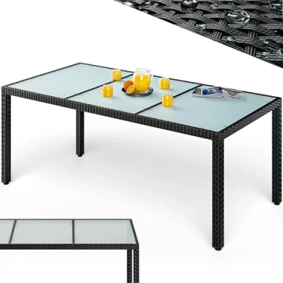 Imagen de Mesa de jardín poliratán negro 190x90x75cm cristal