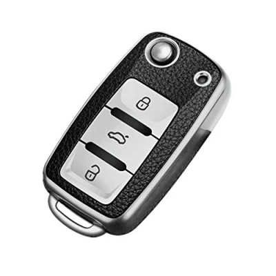Imagen de Happyit TPU + Funda de Cuero la Cubierta Llave del Coche Compatible con Volkswagen VW Bora Beetle Tiguan Polo Passat B5 B6 MK5 6 Jetta EOS Seat Sagitar Golf 3 Botones (Plata)