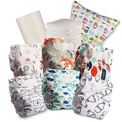 Imagen de Littles &amp; Bloomz Pañal reutilizable para bebé, con velcro estándar, 6 pañales + entredós, 1 forro de bambú desechable, bolsa húmedos, 606VM6