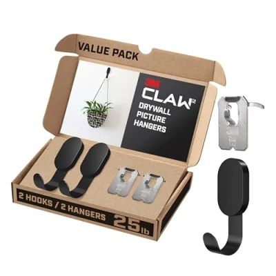 Imagen de 3M Claw (TM) 25 libras. 2 ganchos negros para paneles de yeso y fotos, solución pesada colgar mochilas, chaquetas, fotos decoración del hogar, paquete 4