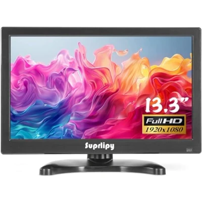 Imagen de Suprlipy Monitor IPS pequeño FHD de 13,3 Pulgadas Pantalla LCD 1920x1080 60Hz 16:9 con Entrada HDMI BNC VGA AV USB Altavoces incorporados para cámara Seguridad CCTV DVR PC RasPi
