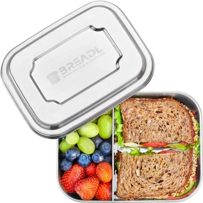 Imagen de BREADL fiambrera de acero inoxidable, separador fijo y 2 compartimentos, sin silicona, apta para lavavajillas, pequeña 1000 ml metal apto alimentos