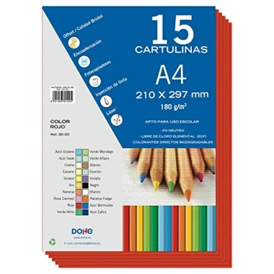 Imagen de Dohe Cartulinas A4 Color Rojo para Manualidades e Impresión (15 uds.) 21x29,7 cm 180 g/m² Material de oficina