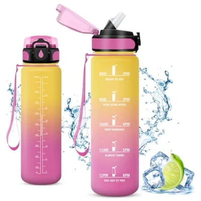 Imagen de Vikaster Botella, Botellas Agua Niños sin BPA, 1l Botella con Pajita, a Prueba de Fugas, Fácil Abrir, Reutilizable, Gimnasio, Running, Niños, Bicicleta