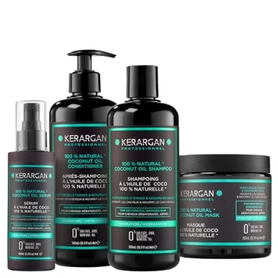 Imagen de Kerargan Set Hidratante Champú, Acondicionador, Mascarilla &amp; Sérum con Aceite de Coco Cuidado Completo para Cabellos Deshidratados, Dañados Sin Sulfatos, GMO, Silicona 3x500 ml + 100ml