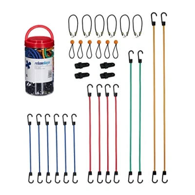 Imagen de Relaxdays Set 30 Pulpos Elásticos, Tensor Equipaje con Gancho, Camping, Bici, Expansor Universal, 6 Tamaños, Multicolor, Caucho, 125 cm