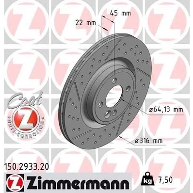 Imagen de ZIMMERMANN COAT Z 150.2933.20 Disco de freno 316 22 5/4 5 100 ventilación interna, ranurado/perforado revestido altamente carbonizado MINI: Hatchback