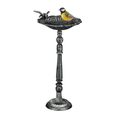 Imagen de Relaxdays Bebedero Pájaros Hierro Fundido, de Pie, Fuente Aves Estilo Antiguo, Bañera Gorriones Jardín, Negro/Plateado, 40 x 18 20 cm