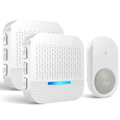 Imagen de SURFOU Timbre Inalámbrico Exterior Impermeable con Batería 300M de Distancia e 2 Enchufe Receptores para Casa 55 Tonos Incluidos Navidad 5 Niveles Volumen Indicador LED (Blanco)