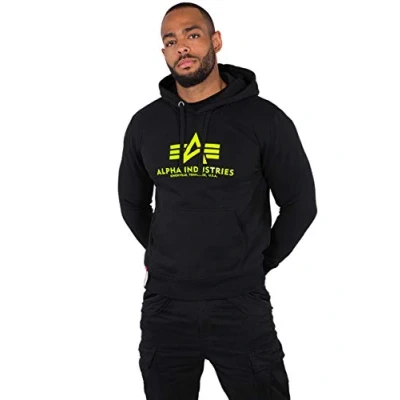 Imagen de ALPHA INDUSTRIES Basic Sudadera con Capucha, Hombre, Negro (Black/Neon Yellow 478), M