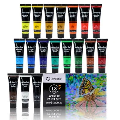 Imagen de Artecho Pinturas Acrilicas 18 x 36 ml, para Bellas Artes y Manualidades, Acrylic Paint Set, Impermeable resistente a la luz Lienzos, Tela, Madera, Cristal, Piedras