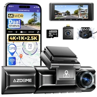 Imagen de AZDOME 4K Dashcam Cámara Coche, 3 Canales 4K+1080P+2.5K Camara Coche con Tarjeta SD de 64GB, Pantalla IPS 3.19&quot;, Visión Nocturna, WDR, Grabación en Bucle, Sensor G, Monitor Aparcamiento 24H
