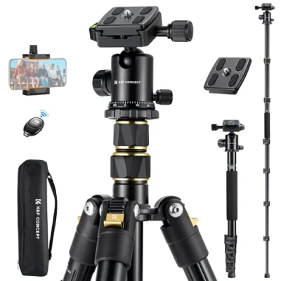 Imagen de K&amp;F Concept Trípode Cámara 184cm, con Clip para Teléfono Móvil, Monopie Cabeza Panorámica de 360 y Arca Swiss, Mando a Distancia Inalámbrico, Bolsa Viaje, Peso Máximo 20kg