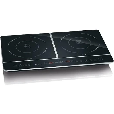 Imagen de SEVERIN Hornillo de inducción doble, placa vitrocerámica dos fuegos portátil, calentamiento rápido, con termostatos regulables, negro, 3400 W, DK 1031