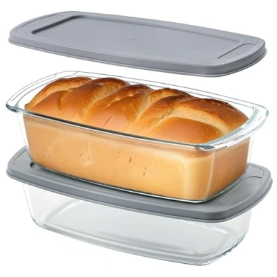 Imagen de Winter Shore Pack de 2 Molde Rectangular para Pan 1,8 L Bandeja Horno Cristal Antiadherente con Tapa Plástico Sellada y Asas Apta Microondas, Horno, Congelador, Lavavajillas, Sin BPA