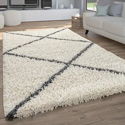 Imagen de Alfombra Salón Pelo Largo Shaggy A Rombos Escandinava, tamaño:120x170 cm, Color:Crema