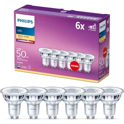 Imagen de Philips Bombilla LED cristal 50W, GU10, luz blanca cálida, transparente, no regulable, pack 6