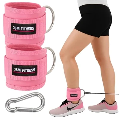 Imagen de JSM FITNESS® Tobilleras rosas para polea entrenamiento de glúteos, muslos Correas tobillo máquina cable, 2 piezas con mosquetone