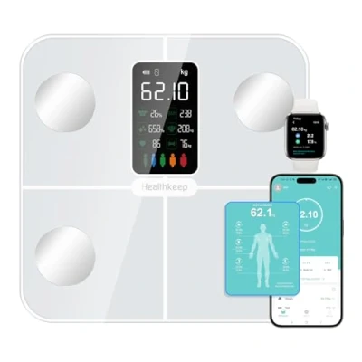 Imagen de Healthkeep Báscula Grasa Corporal,Básculas Inteligentes Digitalescon Función de Frecuencia Cardíaca,Pantalla VA Extra Grande,15 Datos Corporales (Blanco)