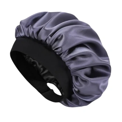 Imagen de HAT HUT capó de satén para mujer, pelo rizado y natural, banda ancha ajustable, doble capa (gris oscuro)