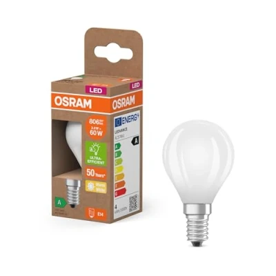 Imagen de OSRAM Energy Class en forma clásica de mini bola, 3,8 W / 806 lm, EEK A, luz blanca cálida (2700 K), CRI 80, fabricada vidrio esmerilado sin plomo, casquillo E14, IP20, 45 mm diámetro.