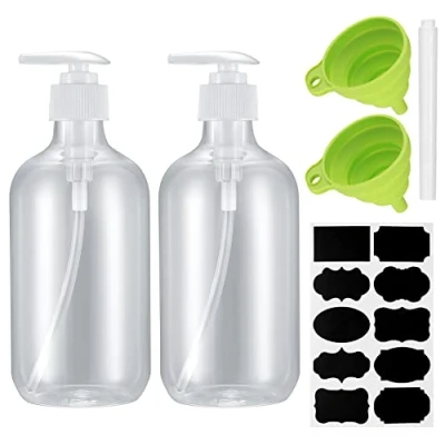Imagen de 2 Piezas Botellas de Champú, 500 ml Vacías con Bomba Prensa, Dispensador Recipiente Recargables para Champú Lociones, Pegatina, Tiza Líquida