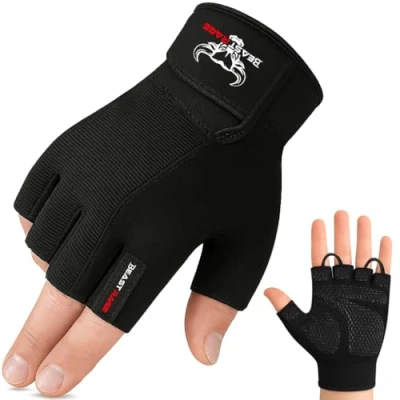 Imagen de BEAST RAGE Guantes de Gimnasio Entrenamiento Antideslizante Acolchado Palma Medio Dedo Ejercicio Levantamiento Pesas Ciclismo Multi Deportes (Black, XL)