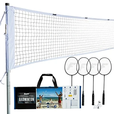 Imagen de Franklin Sports Set de bádminton con Red, 4 Raquetas Aluminio, 2 Volantes, Red Ajustable y estacas, para jardín o Playa, fácil instalación, Profesional