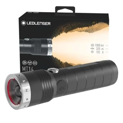 Imagen de Ledlenser Linterna de bolsillo LED para exteriores MT14, batería litio 26650 recargable, 1000 lúmenes, enfocable, haz luz 320m, duración lumínica hasta 192h, interruptor frontal