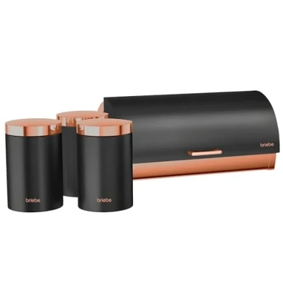 Imagen de briebe Set Panera de Mesa + Juego 3 Botes Cocina Almacenaje, Acero Inoxidable, Contenedor para Guardar Pan y Bollería, Tapa Deslizante, Diseño Moderno, Bread Box, Negro Mate/Oro Rosa