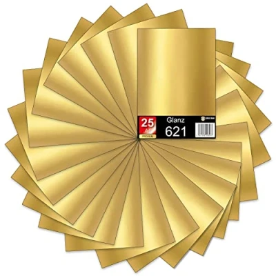Imagen de lámina autoadhesiva para plóter DIN A4, 29,7 x 21 cm cada una, 621/631, de vinilo trazado, manualidades, rotulación, pegatinas (dorado brillante, juego 25)