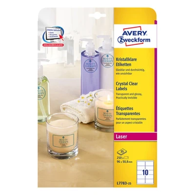 Imagen de Avery L7783 25 etiqueta de impresora Etiquetas (96 x 50.8 mm, Transparente, Poliéster, Laser)