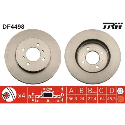 Imagen de TRW DF4498 Disco de freno 256 24 4 100 ventilado barnizado MITSUBISHI: COLT 4, Lancer 6 Limousine, 7 Limousine