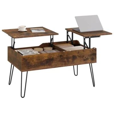 Imagen de WOLTU Mesa de Centro Elevable, Mesita Salon con Espacio Interno, Elevable y Extensible, Sofá Auxiliar Patas Metálicas,Marrón Rústico，BTS14vbn