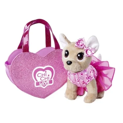 Imagen de Simba CCL OVE Chi Love is in The Air, Perro de Peluche Chihuahua con Bonito Vestido y Lazo, en Bolsa corazón Purpurina, 20 cm, a Partir 3 años, Color Blanco, Moyen (105890055)