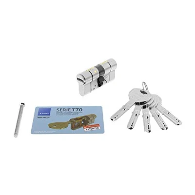 Imagen de Tesa Assa Abloy, T75D3040N, Cilindro de Alta Seguridad, T70 DS, Doble Embrague, Leva Larga, Llave Llave, Niquelado, 30 x 40 mm
