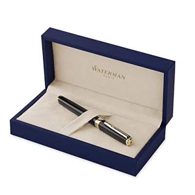 Imagen de Waterman Exception Pluma estilográfica, cuerpo fino, color negro con clip de oro 23 quilates, plumín mediano cartucho tinta azul, estuche regalo