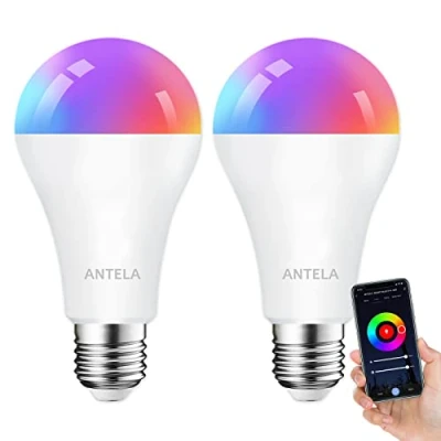 Imagen de ANTELA Bombilla Inteligente WiFi Led A65 E27 12W 1320Lúmenes Compatible Alexa Echo y Google Home,2,4GHz WLAN RGB Blanco Cálido/Frío 2700 6500K, 20000 Horas, 2Pcs