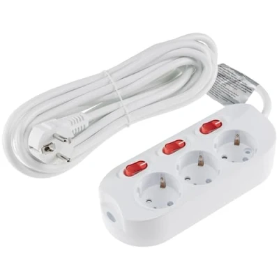 Imagen de ChiliTec Regleta de 3 enchufes con conexión individual cable 5 m, interruptor para cualquier enchufe mayor protección táctil, color blanco