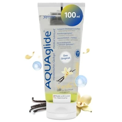 Imagen de JOYDIVISION AQUAglide lubricante vainilla 100ml, vegano a base de agua con un sensual aroma vainilla, cristalino apto para preservativos látex