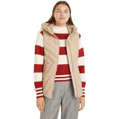 Imagen de Tommy Hilfiger Chaleco Mujer Chevron Vest Acolchado con Capucha, Beige (Beige), S