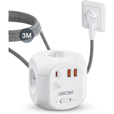 Imagen de LENCENT Cubo Regleta Enchufe 3M con Carga Rápida PD20W, USB Plano 4 Tomas de CA, 2 y 1 Tipo C para Hogar, Cocina Oficina