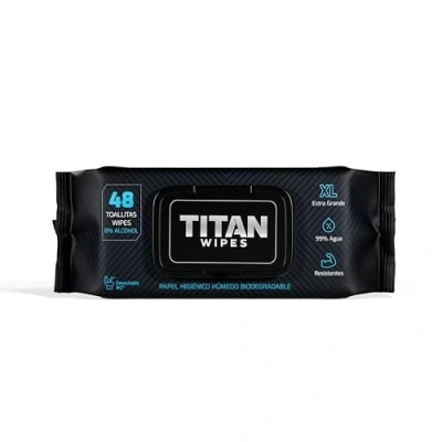 Imagen de TITAN WIPES Papel Higiénico Húmedo Biodegradable EXTRA Grande y Resistente 48 Toallitas Humedas XL 18x18 cm, 99% Agua, Aloe &amp; Vitamina E, 0% Alcohol, Resistentes Desechables por el WC (Papel WC)