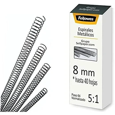 Imagen de Fellowes 6000801 25 espirales metálicas para encuadernar, paso 5:1, 59 agujeros, 8 mm, color negro