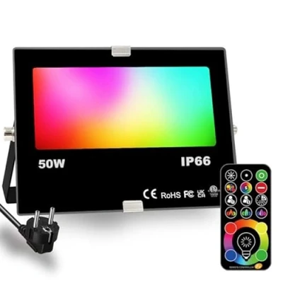 Imagen de Foco LED RGB de colores, cambio color RGBW equivalente a 500 W, modo estroboscópico bricolaje, 120 temporización, 2700K blanco cálido, IP66 prueba agua