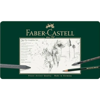 Imagen de Faber Castell 112974 Estuche de metal con 3 ecolápices acuarelables, 9 grafitos 9000, grafito Pitt puro, y accesorios, multicolor