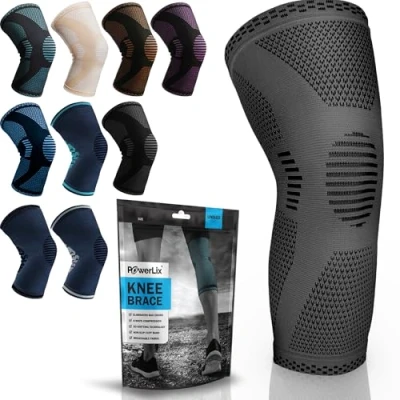 Imagen de POWERLIX rodillera para mujeres y hombres, de compresión artritis, dolor articular, lesión ligamentos, desgarro menisco, tendinitis, correr, sentadillas, deportes,Grey,L