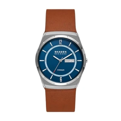 Imagen de Skagen Melbye reloj para hombre, movimiento de cuarzo con correa acero o piel, Marrón y azul, 40MM