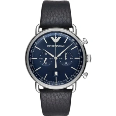 Imagen de Emporio Armani Reloj Hombre, Movimiento cronógrafo, 43mm Caja de acero inoxidable plateado con correa piel, AR11105, Negro y azul oscuro